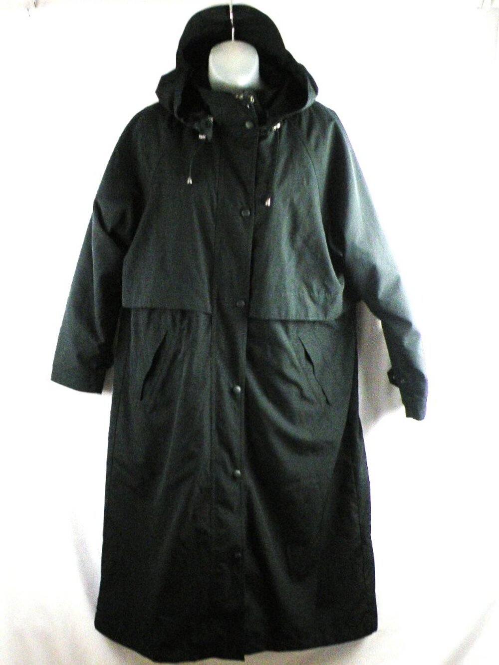 LL BEAN LONG TRENCH RAINCOAT WOOL LINED HOOD BLACK Petite M